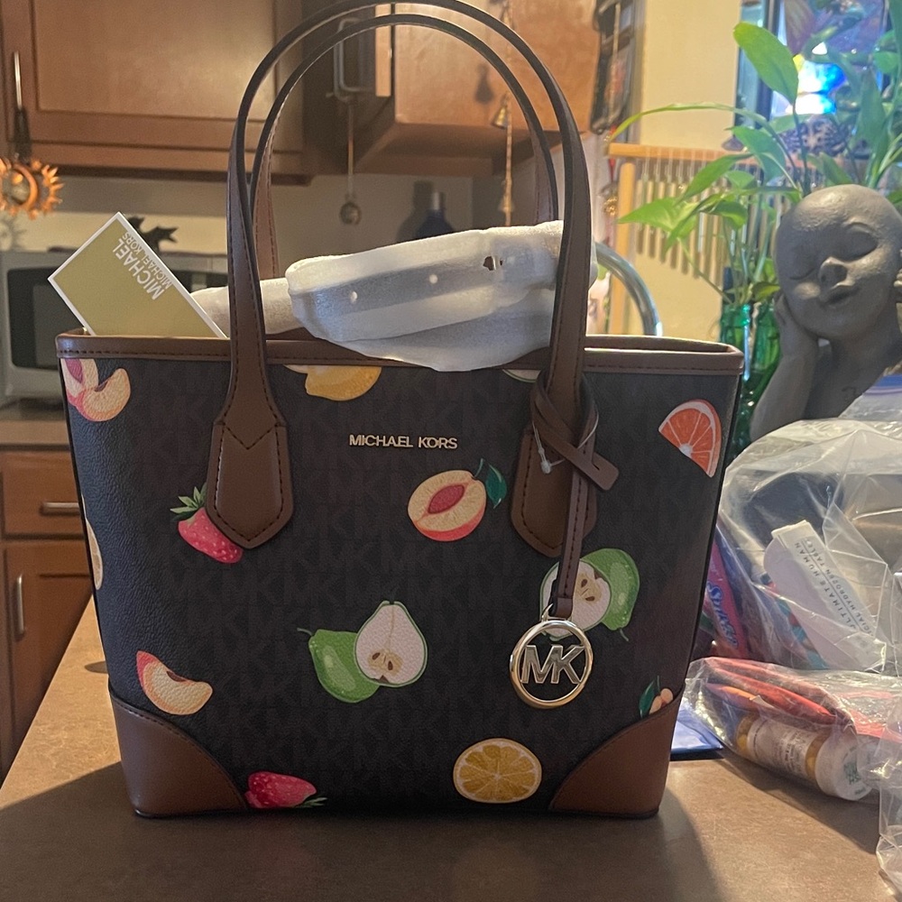 Michael Kors Brown Signature Tote with Fruit Print